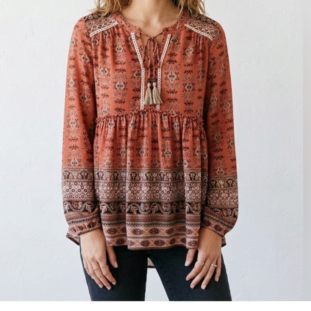 Knox Rose Rust Printed Peasant Tunic with Tassel